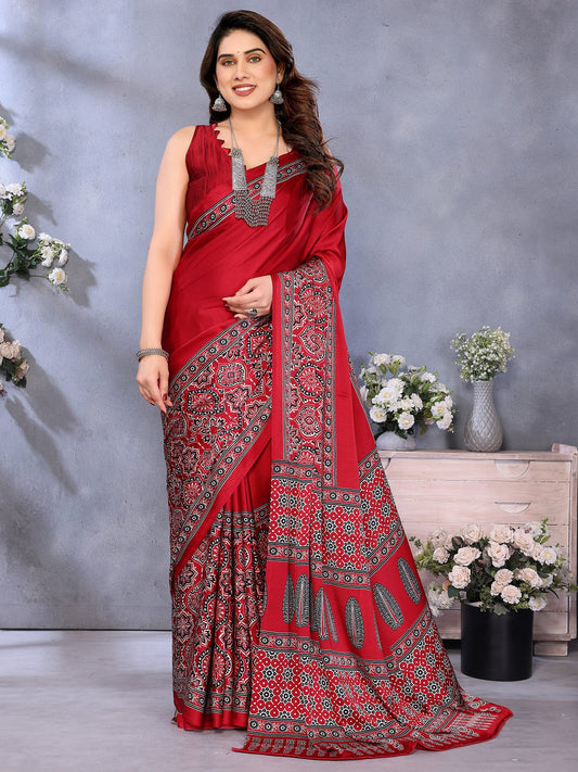 Red Red Block Print Crepe Printed Saree