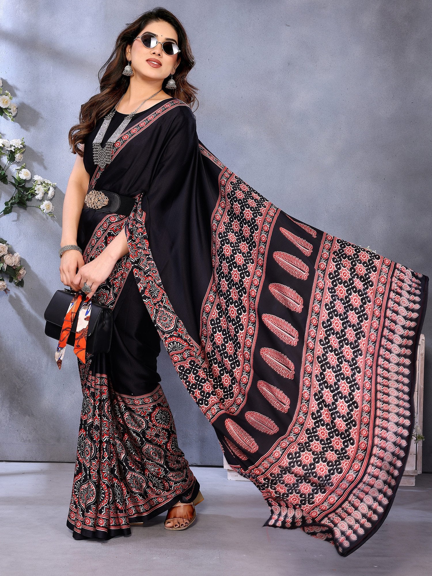 Black Black Block Print Crepe Printed Saree