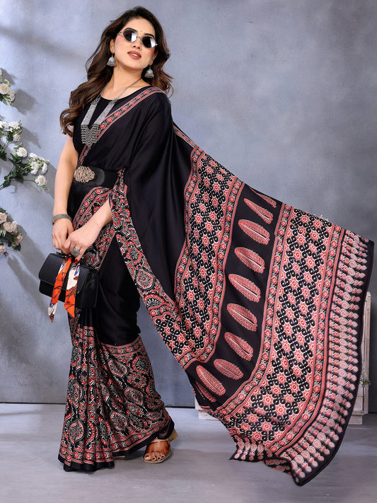 Black Black Block Print Crepe Printed Saree