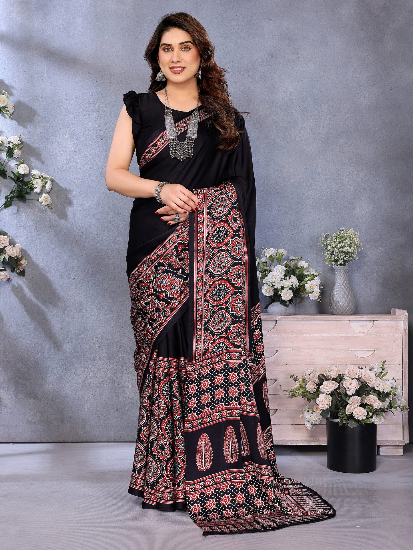 Black Block Print Crepe Printed Saree