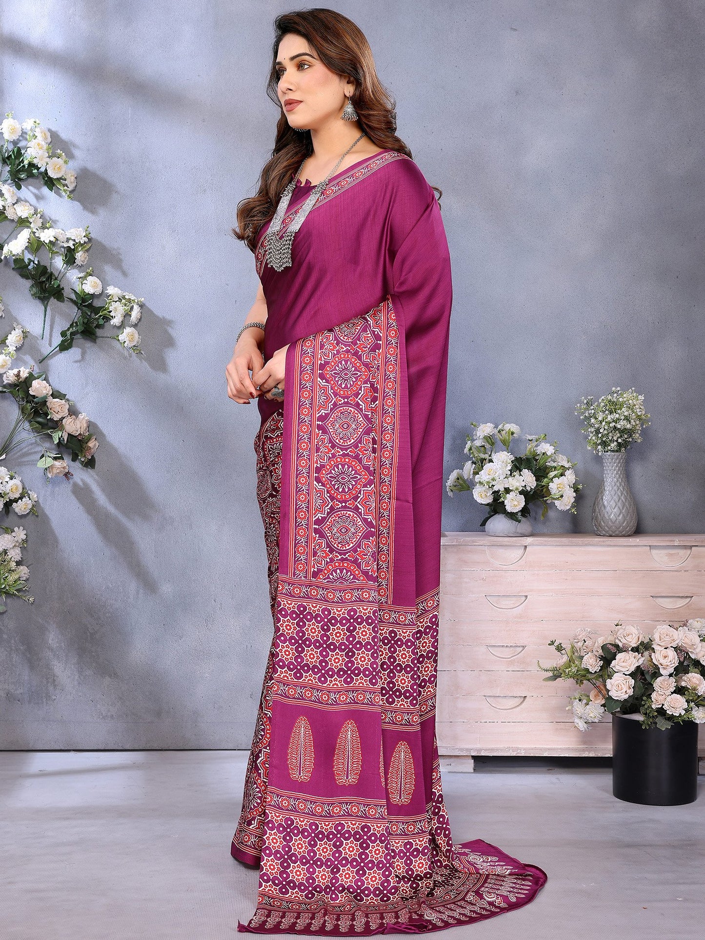 Magenta Block Print Crepe Printed Saree