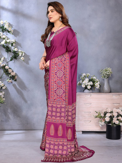 Magenta Block Print Crepe Printed Saree