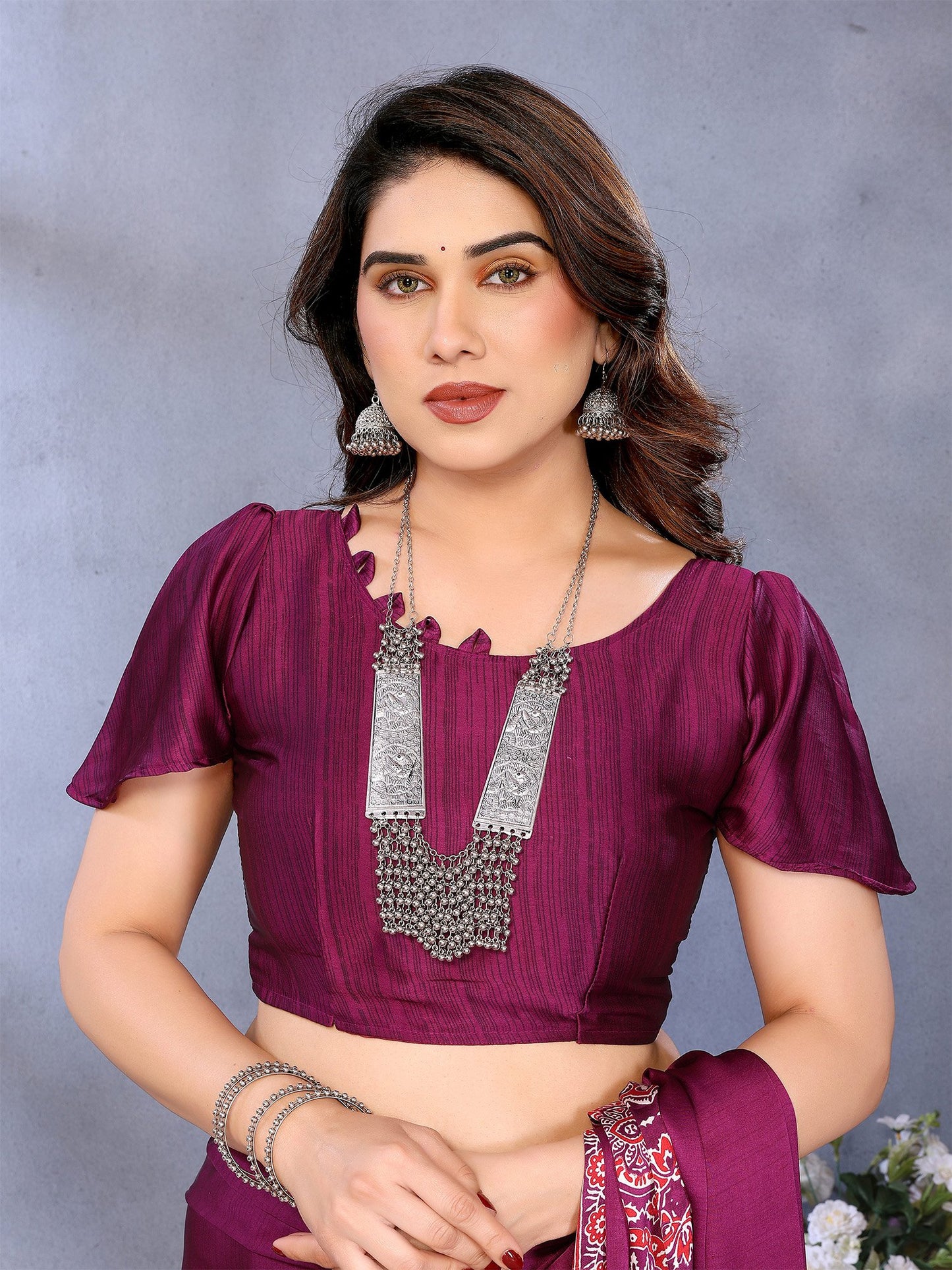 Magenta Block Print Crepe Printed Saree
