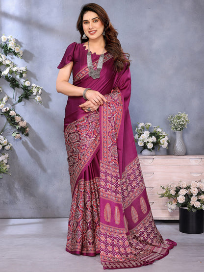 Purple Magenta Block Print Crepe Printed Saree