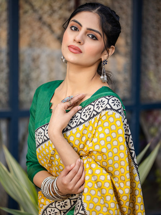 Yellow Yellow Bagru Bhagalpuri Silk Printed Saree