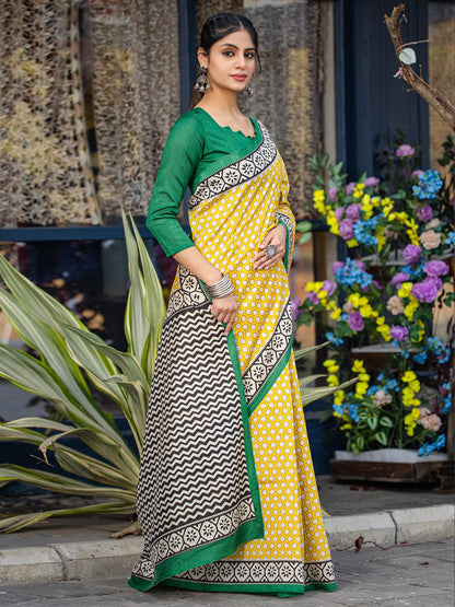 Yellow Bagru Bhagalpuri Silk Printed Saree