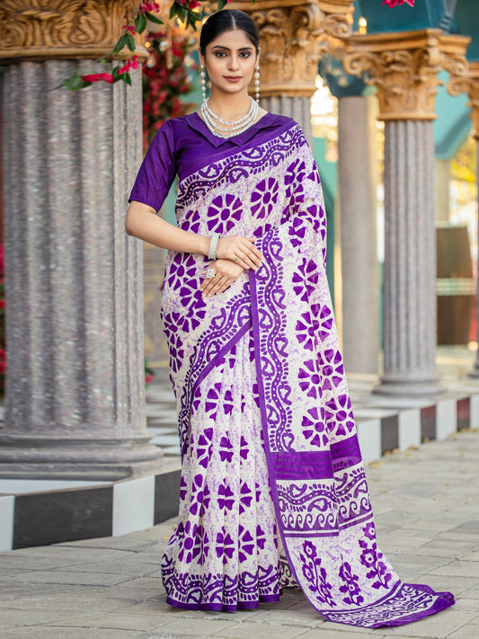 White White Block Print Bhagalpuri Silk Printed Saree