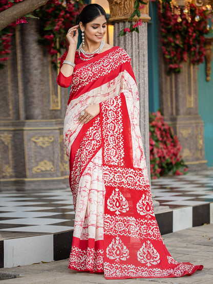 White Off Block Print Bhagalpuri Silk Printed Saree