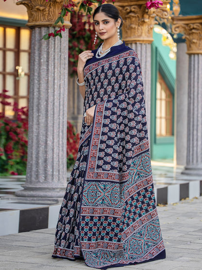 Navy Bagru Bhagalpuri Silk Printed Saree