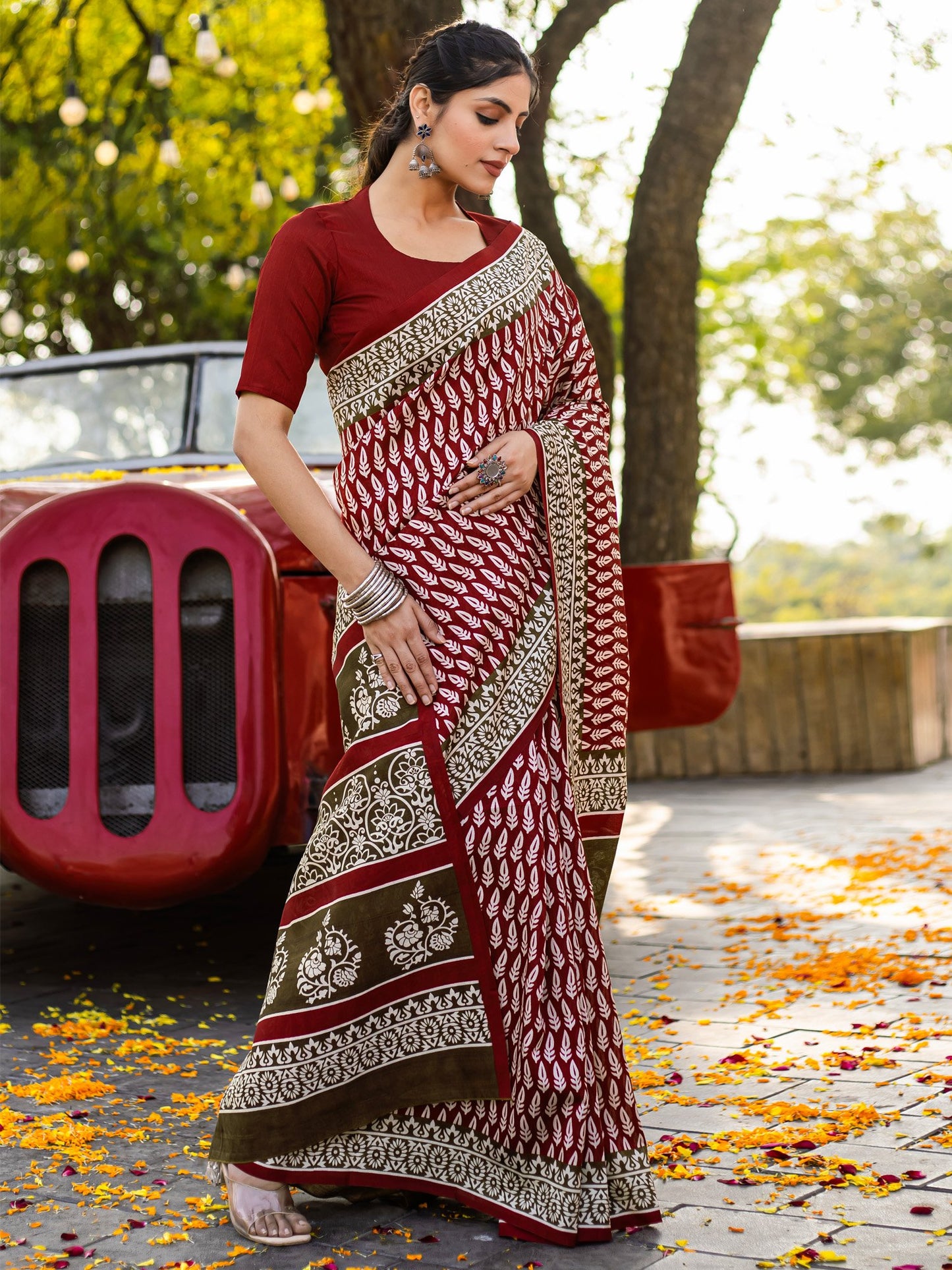 Maroon Dabu Bhagalpuri Silk Printed Saree