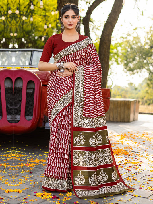 Maroon Maroon Dabu Bhagalpuri Silk Printed Saree
