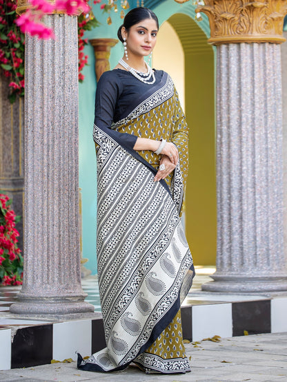 Olive Dabu Bhagalpuri Silk Printed Saree