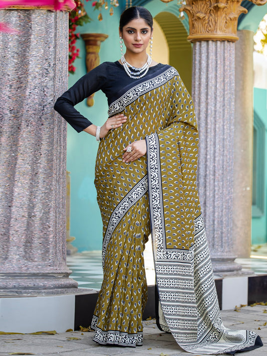 Olive Olive Dabu Bhagalpuri Silk Printed Saree