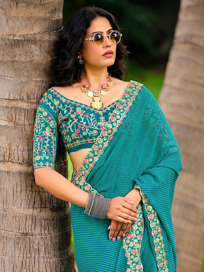 Turquoise Leheriya Georgette Embroidered Saree