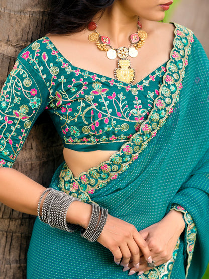Turquoise Leheriya Georgette Embroidered Saree