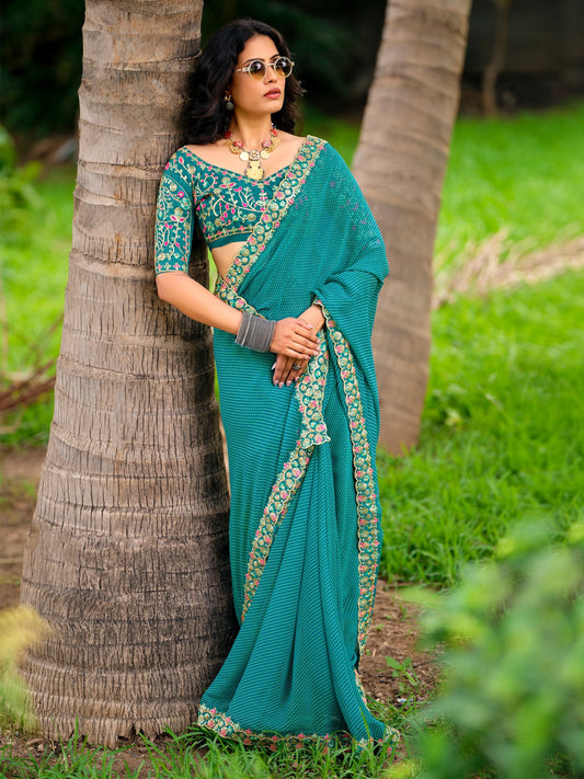 Blue Turquoise Leheriya Georgette Embroidered Saree