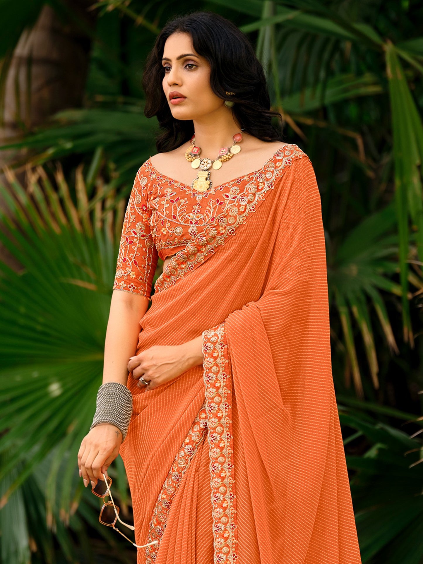 Orange Leheriya Georgette Embroidered Saree