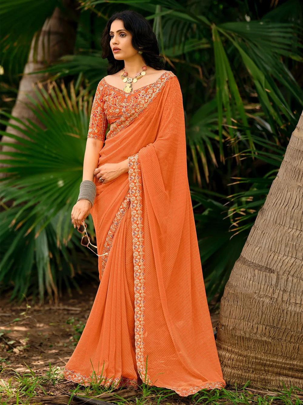 Orange Orange Leheriya Georgette Embroidered Saree