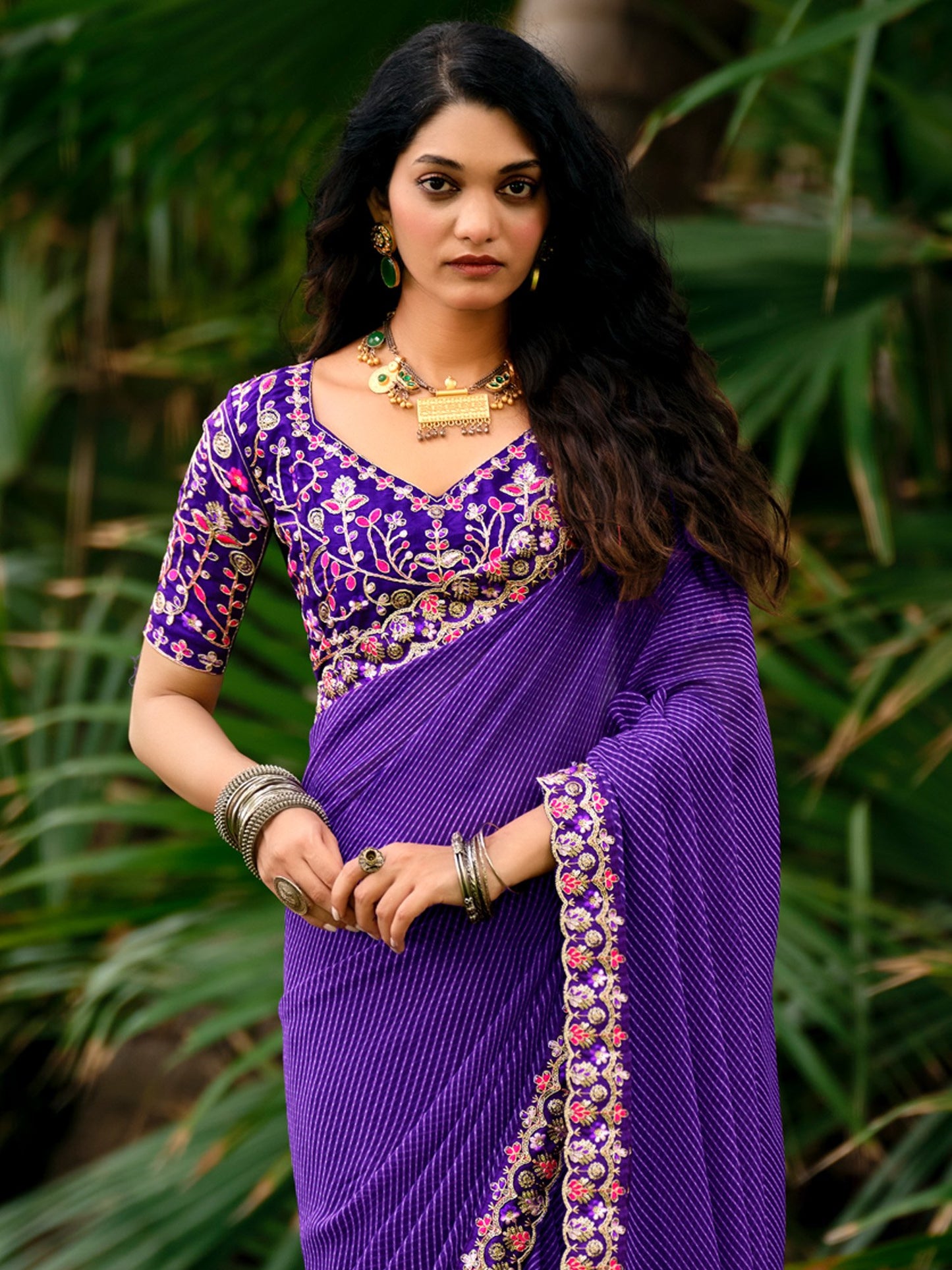 Indigo Leheriya Georgette Embroidered Saree