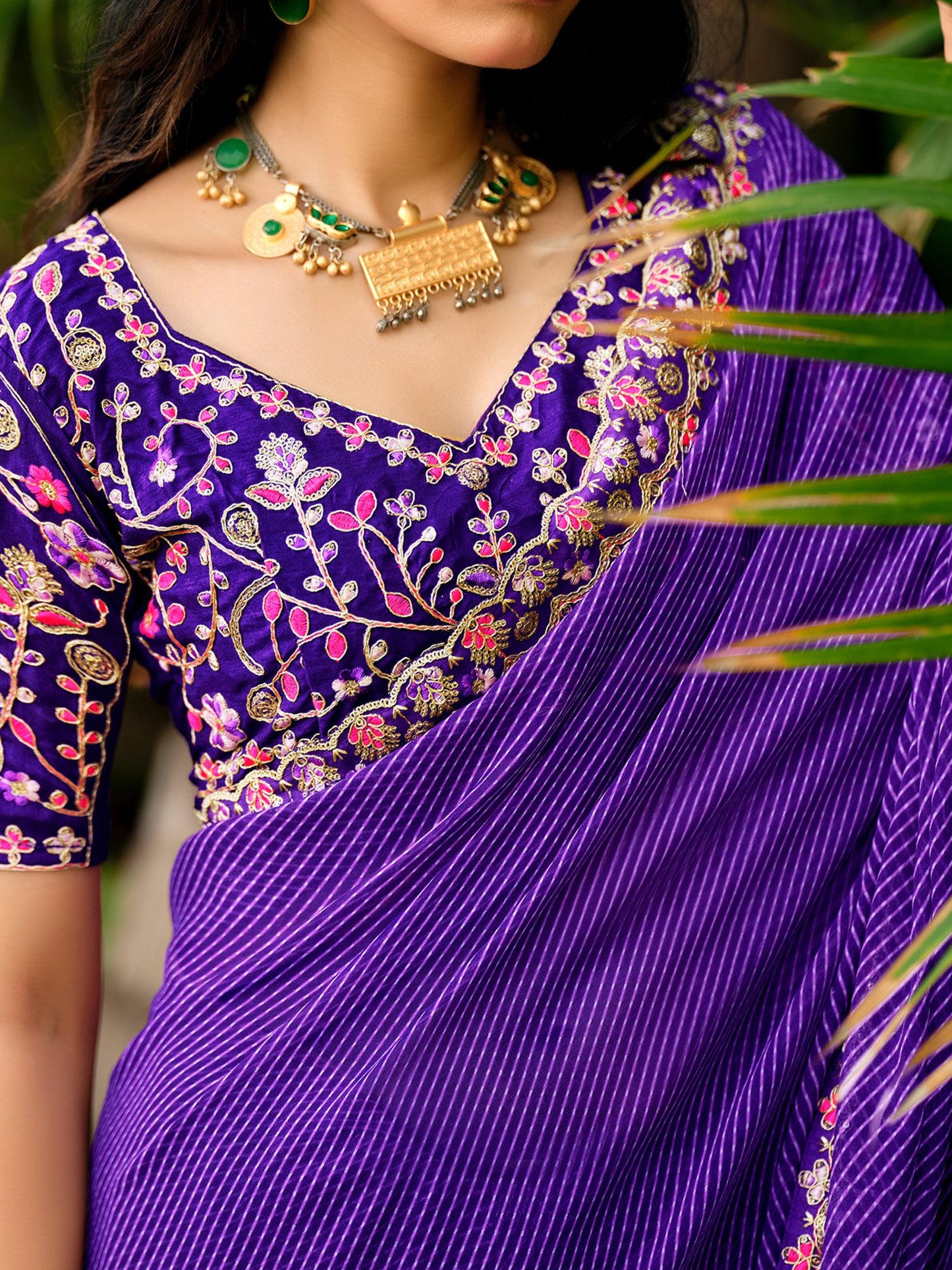Indigo Leheriya Georgette Embroidered Saree