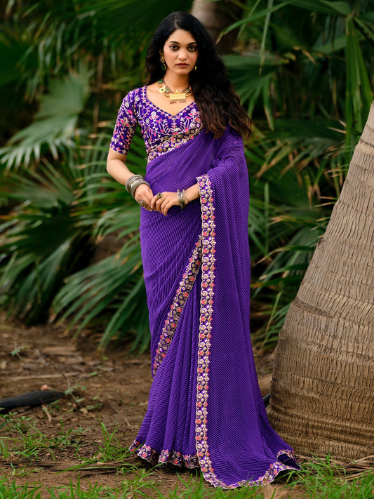 Blue Indigo Leheriya Georgette Embroidered Saree