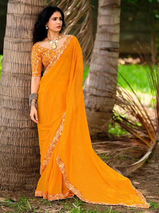 Yellow Yellow Leheriya Georgette Embroidered Saree