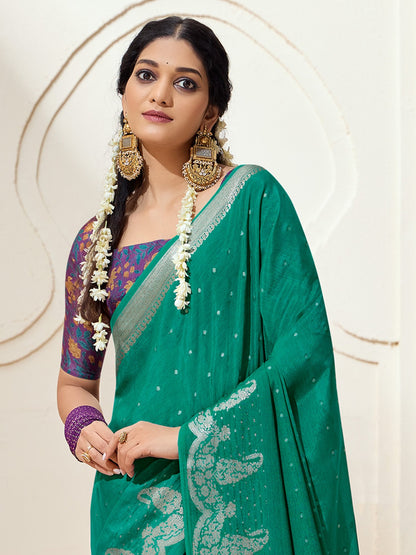 Teal Kanjeevaram chinnon Woven Saree