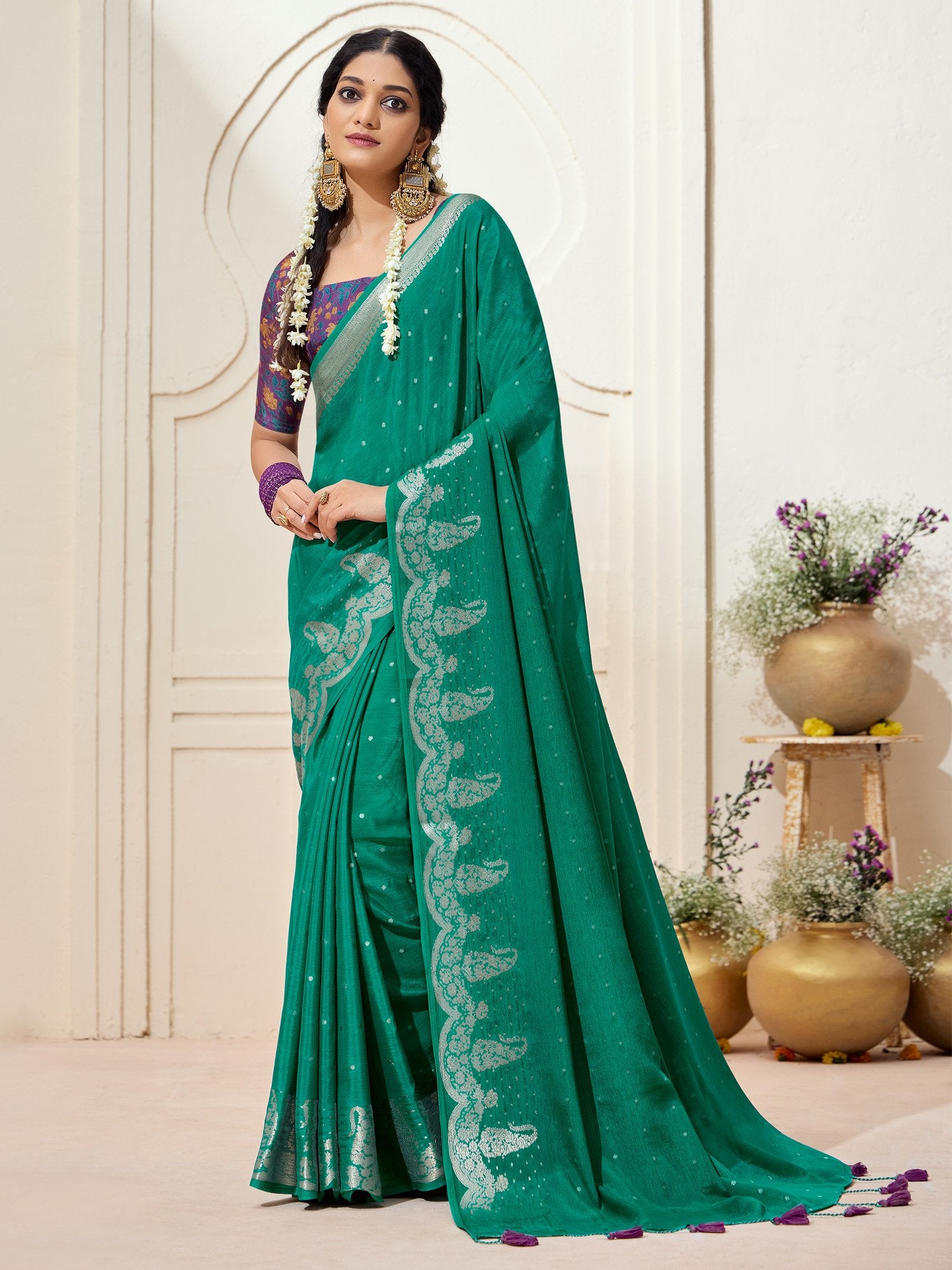 Green Teal Kanjeevaram chinnon Woven Saree