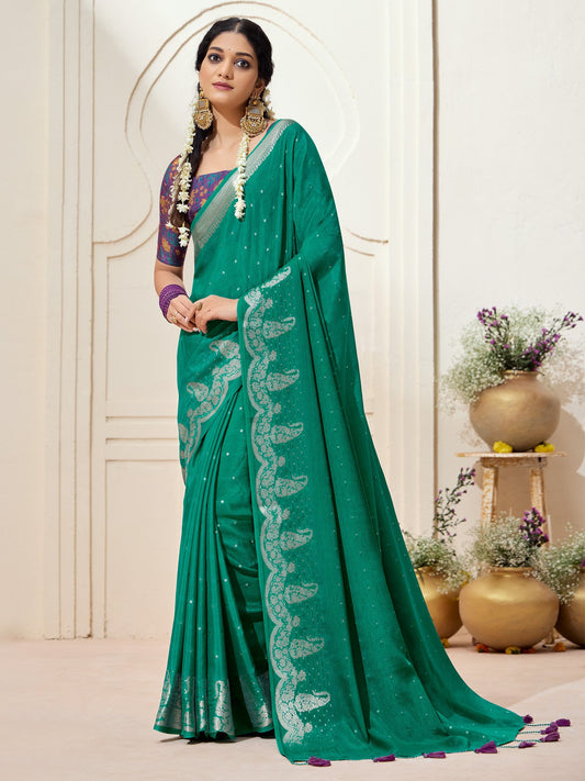 Green Teal Kanjeevaram chinnon Woven Saree