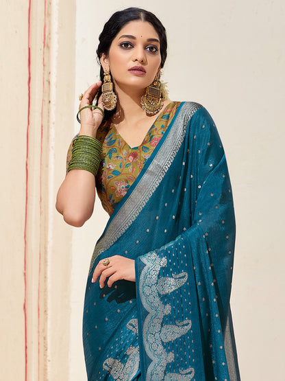 Teal Kanjeevaram chinnon Woven Saree