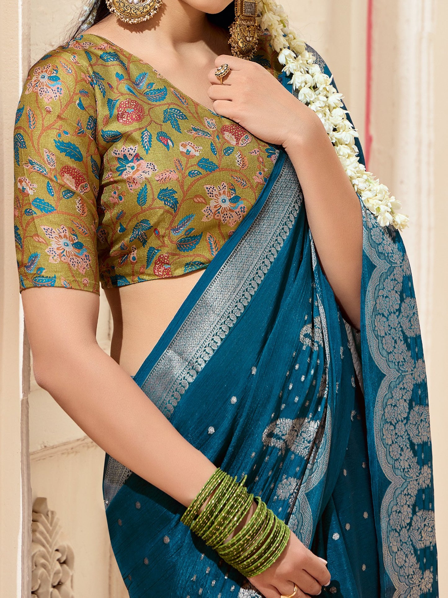 Teal Kanjeevaram chinnon Woven Saree