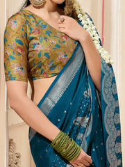 Teal Blue Kanjeevaram chinnon Woven Saree