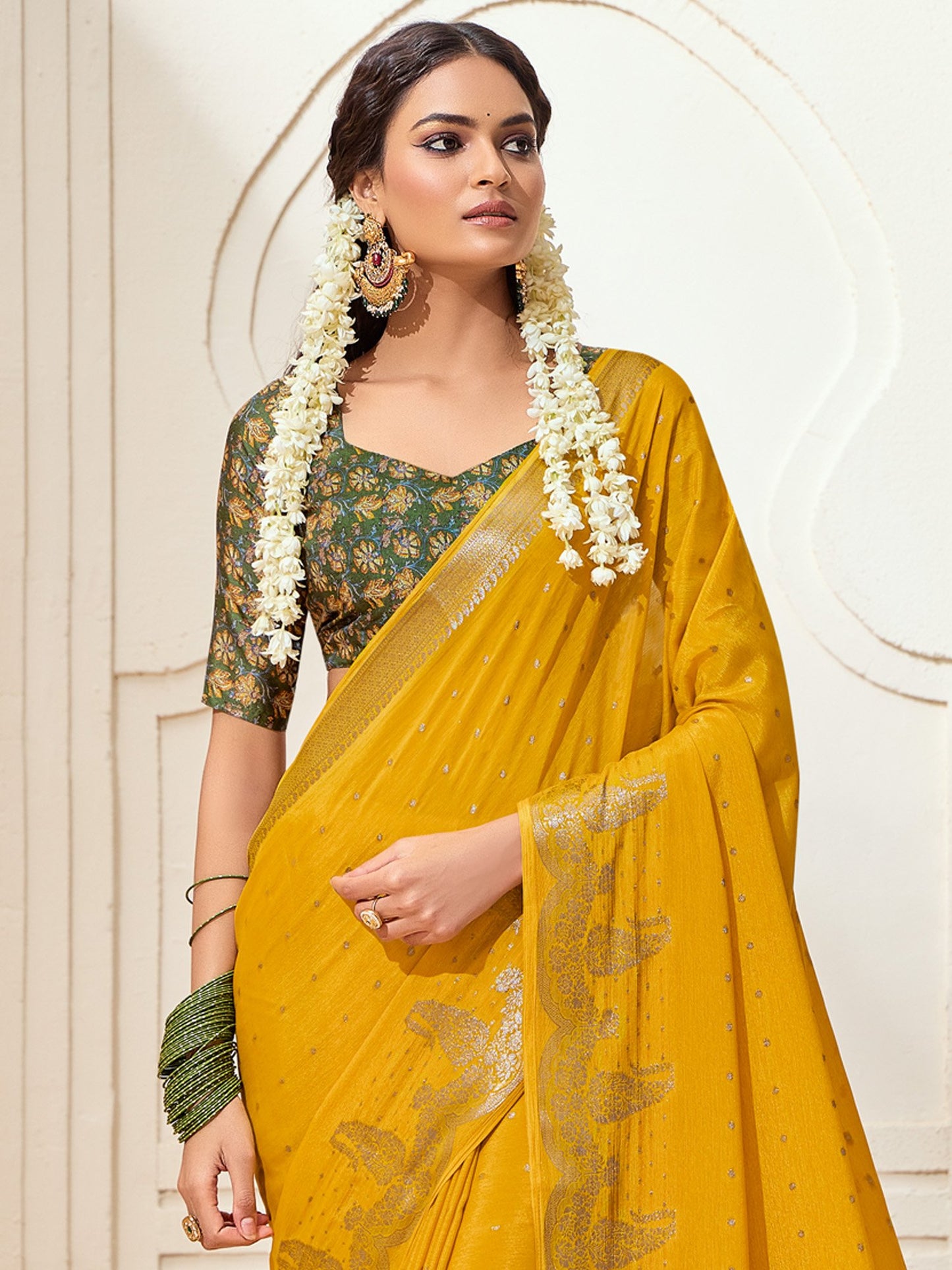 Yellow Kanjeevaram chinnon Woven Saree