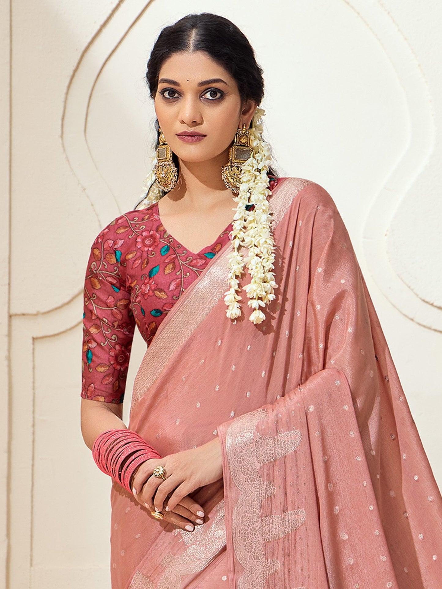 Peach Kanjeevaram chinnon Woven Saree