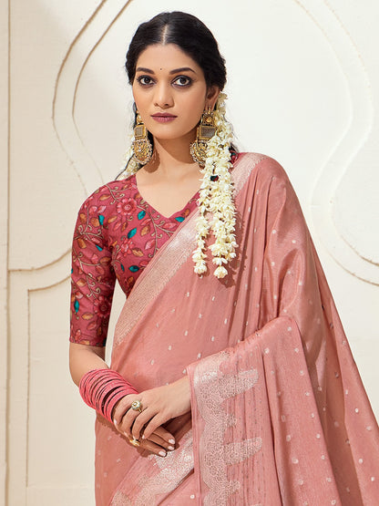 Peach Kanjeevaram chinnon Woven Saree