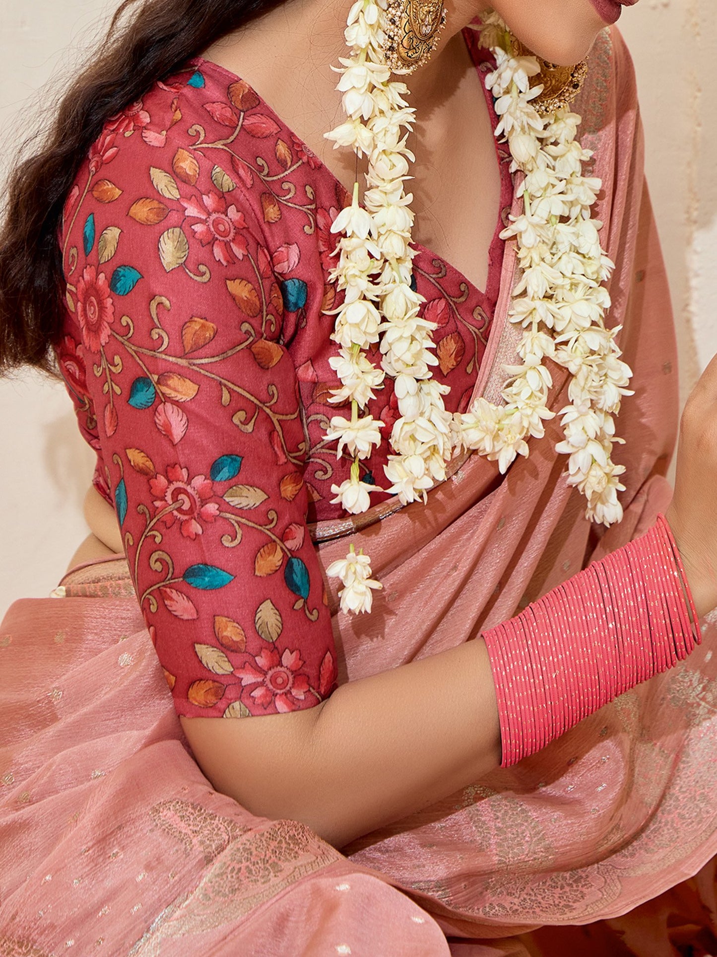 Peach Kanjeevaram chinnon Woven Saree