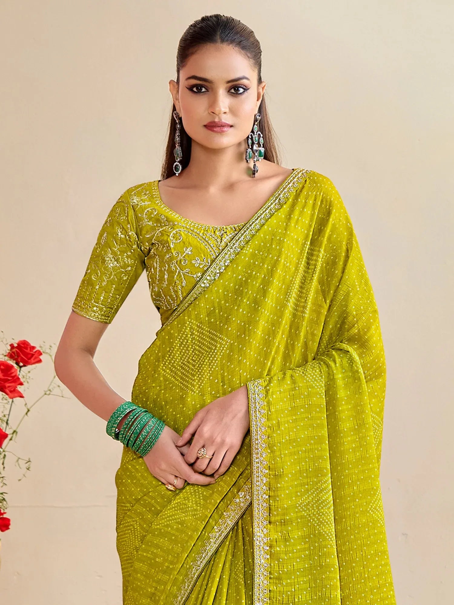 Lemon Bandhani Georgette Embroidered Saree