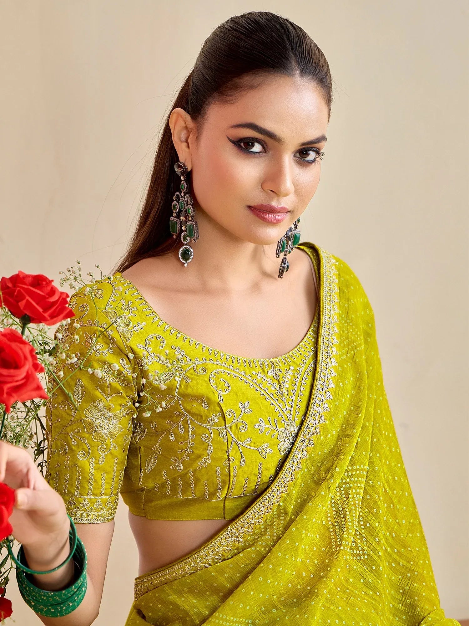 Lemon Bandhani Georgette Embroidered Saree