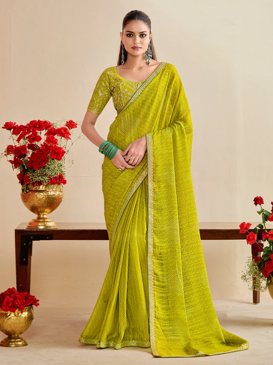 Green Lemon Bandhani Georgette Embroidered Saree