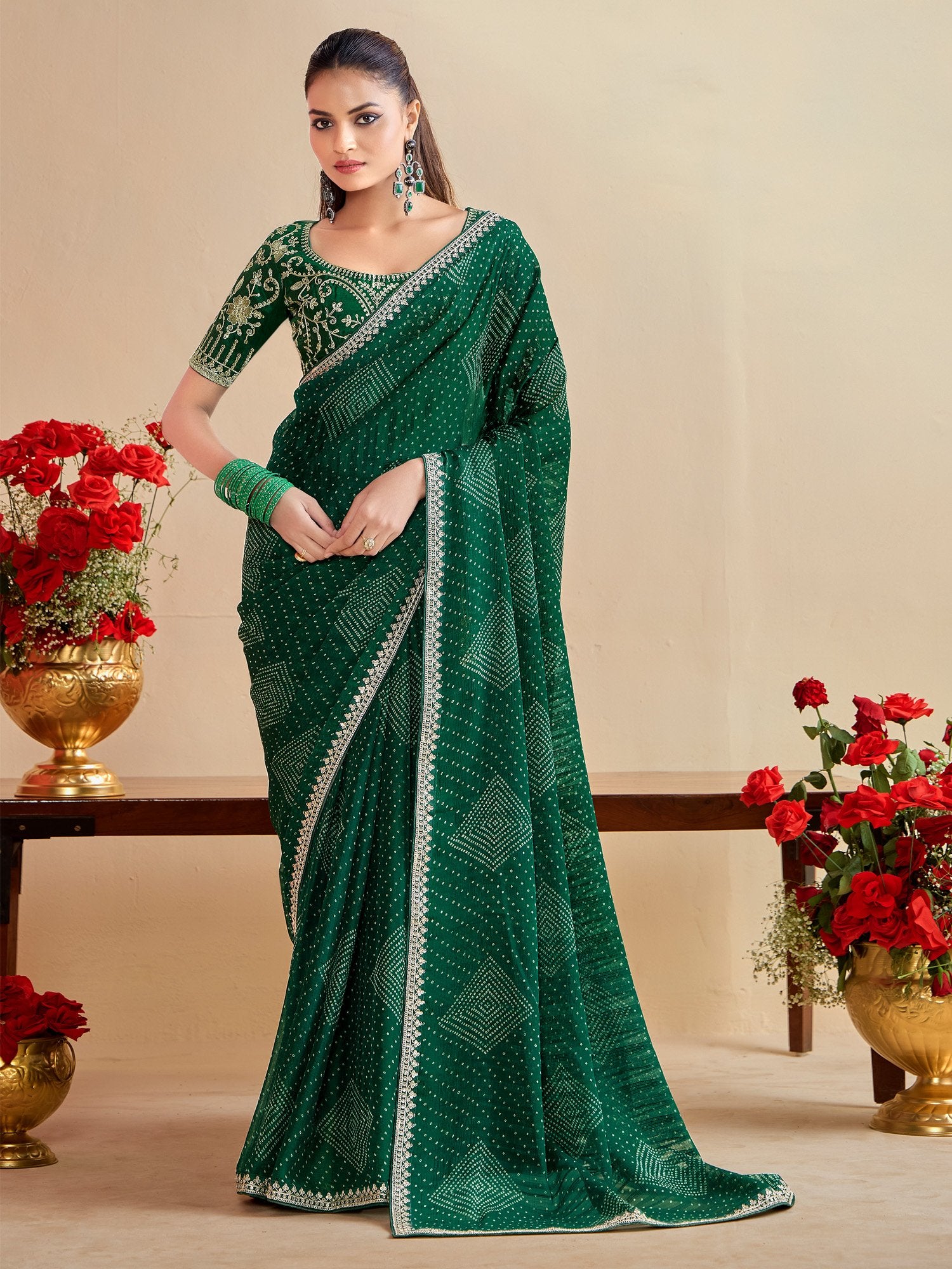 Green Green Bandhani Georgette Embroidered Saree