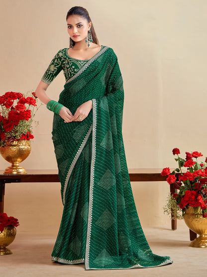 Green Green Bandhani Georgette Embroidered Saree