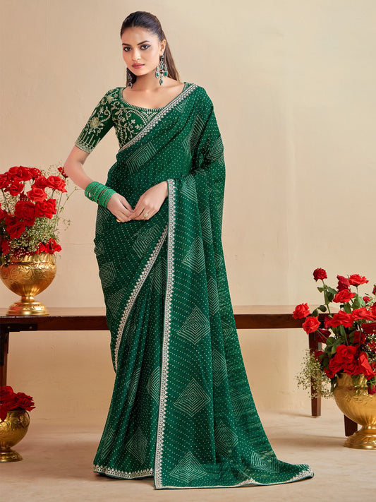 Green Green Bandhani Georgette Embroidered Saree