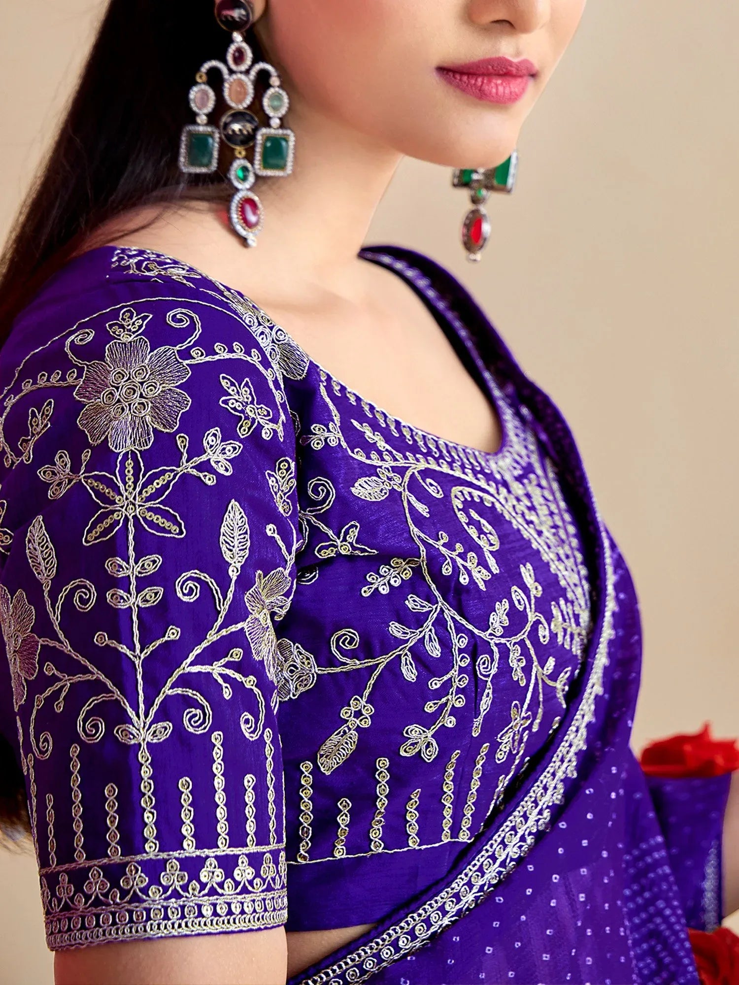 Lavendar Bandhani Georgette Embroidered Saree