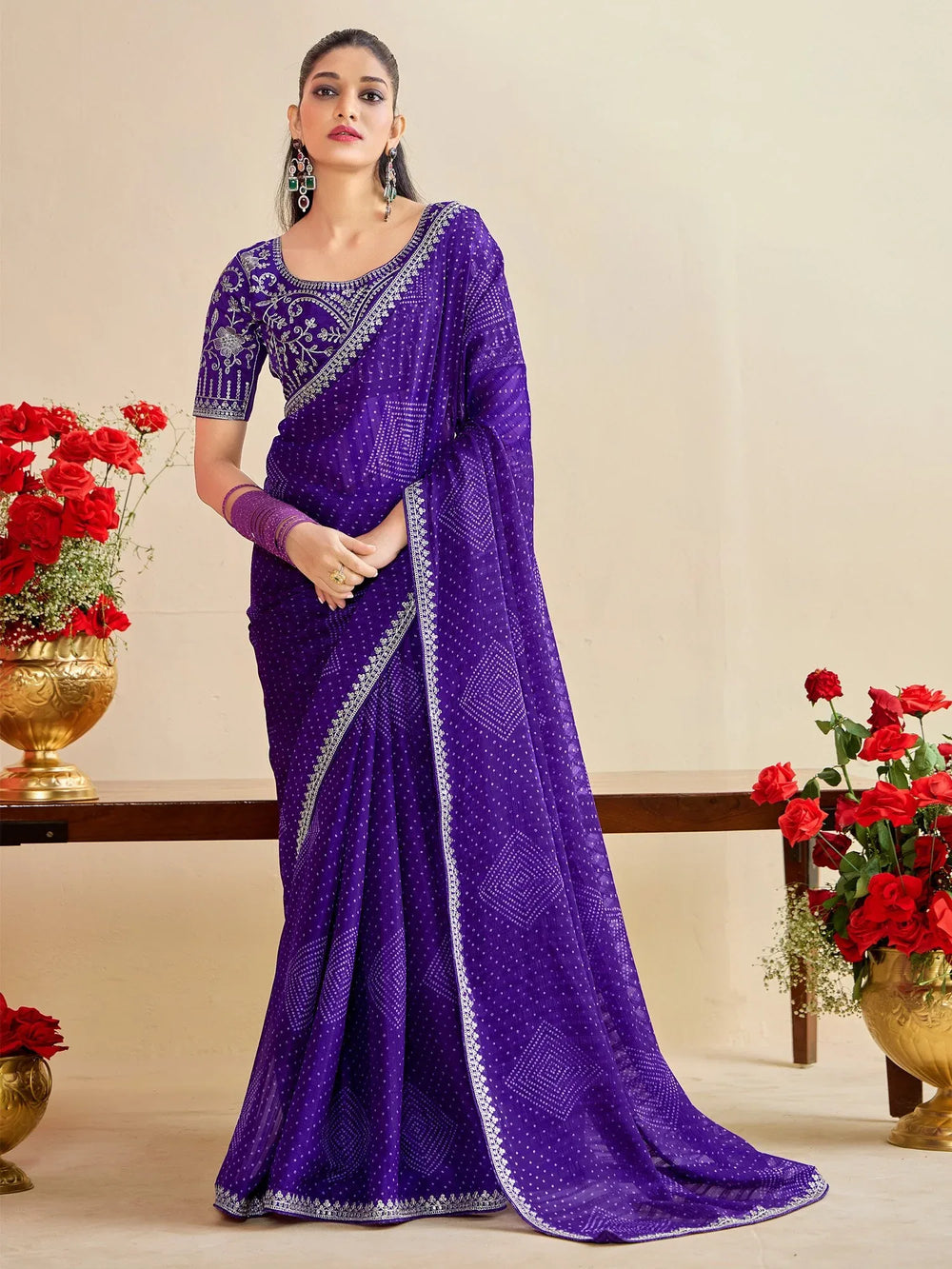 Purple Lavendar Bandhani Georgette Embroidered Saree
