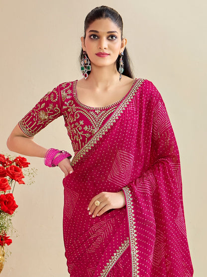 Pink Bandhani Georgette Embroidered Saree