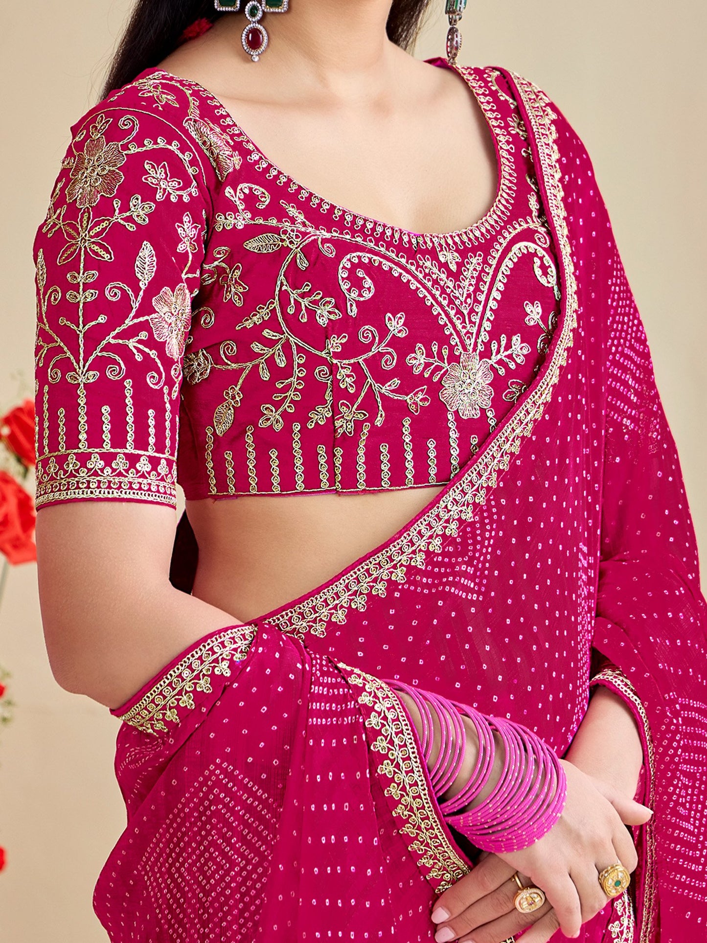 Pink Bandhani Georgette Embroidered Saree