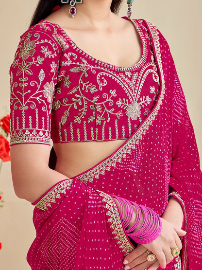 Pink Bandhani Georgette Embroidered Saree