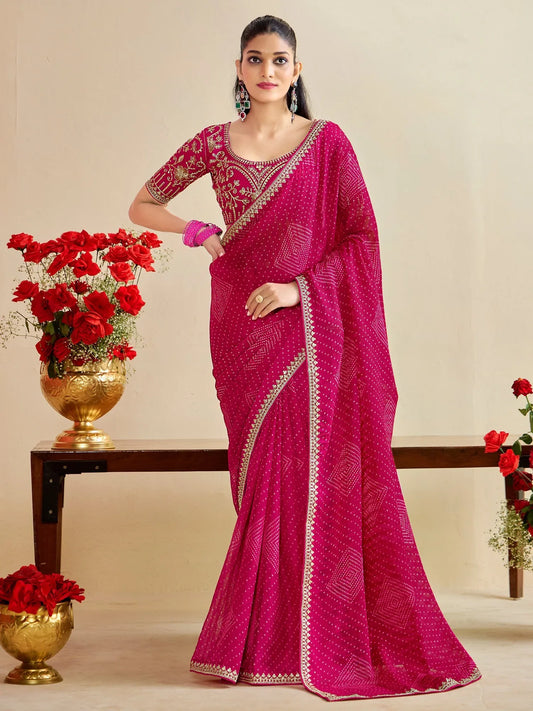 Pink Pink Bandhani Georgette Embroidered Saree