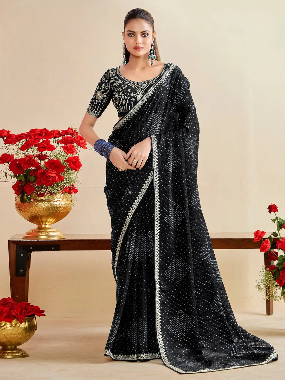 Black Black Bandhani Georgette Embroidered Saree