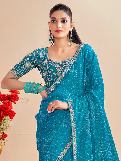 Light Bandhani Georgette Embroidered Saree